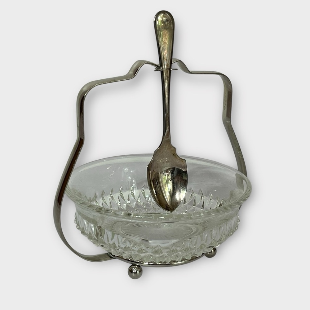 Leonard Relish Jelly Condiment‎ Glass Server Dish Silver Plated Spoon England